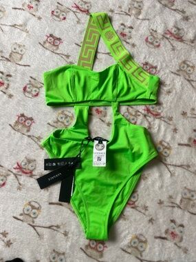 Versace clover Neon Green One Shoulder Logo Strap One Piece Swimsuit Size 1